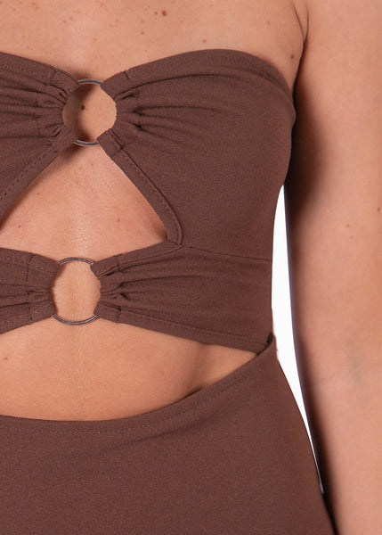 Vestido largo strapless con argollas color café para mujer - Flashy
