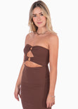 Vestido largo strapless con argollas color café para mujer - Flashy