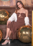 Vestido largo strapless con argollas color café para mujer - Flashy