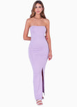 Vestido largo strapless con cortes y abertura en costado color lila para mujer - Flashy