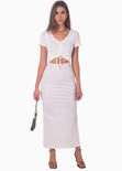 Vestido largo con escote en v y abertura en abdomen color blanco, marfil para mujer - Flashy