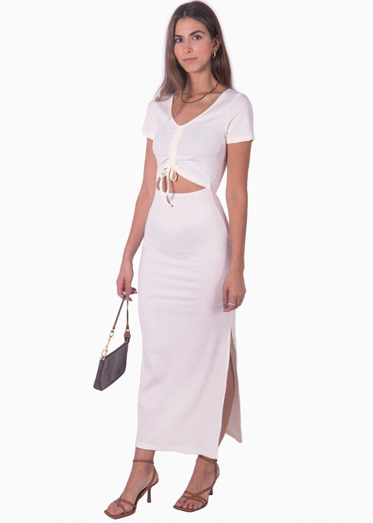 Vestido largo con escote en v y abertura en abdomen color blanco, marfil para mujer - Flashy