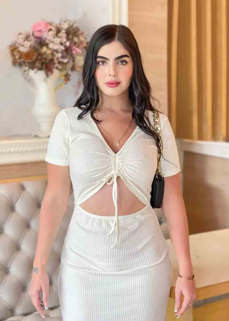Vestido largo con escote en v y abertura en abdomen color blanco, marfil para mujer - Flashy