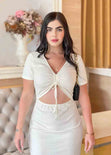 Vestido largo con escote en v y abertura en abdomen color blanco, marfil para mujer - Flashy