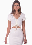 Vestido largo con escote en v y abertura en abdomen color blanco, marfil para mujer - Flashy