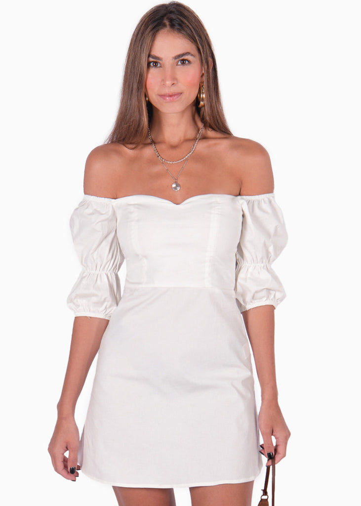 Vestido off shoulder con mangas embombadas color blanco para mujer - Flashy