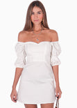 Vestido off shoulder con mangas embombadas color blanco para mujer - Flashy