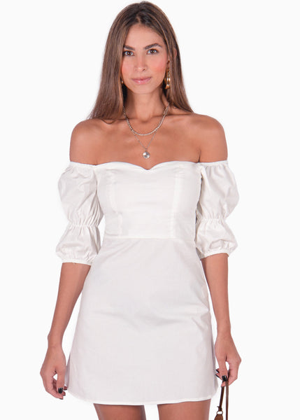 Vestido off shoulder con mangas embombadas color blanco para mujer - Flashy