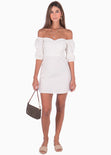 Vestido off shoulder con mangas embombadas color blanco para mujer - Flashy