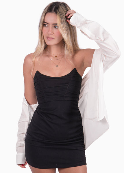 Vestido strapless con recogido color negro para mujer - Flashy